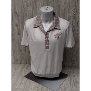 American Collection Medium Short Sleeve Women's Top Plaid Collar 3 Button